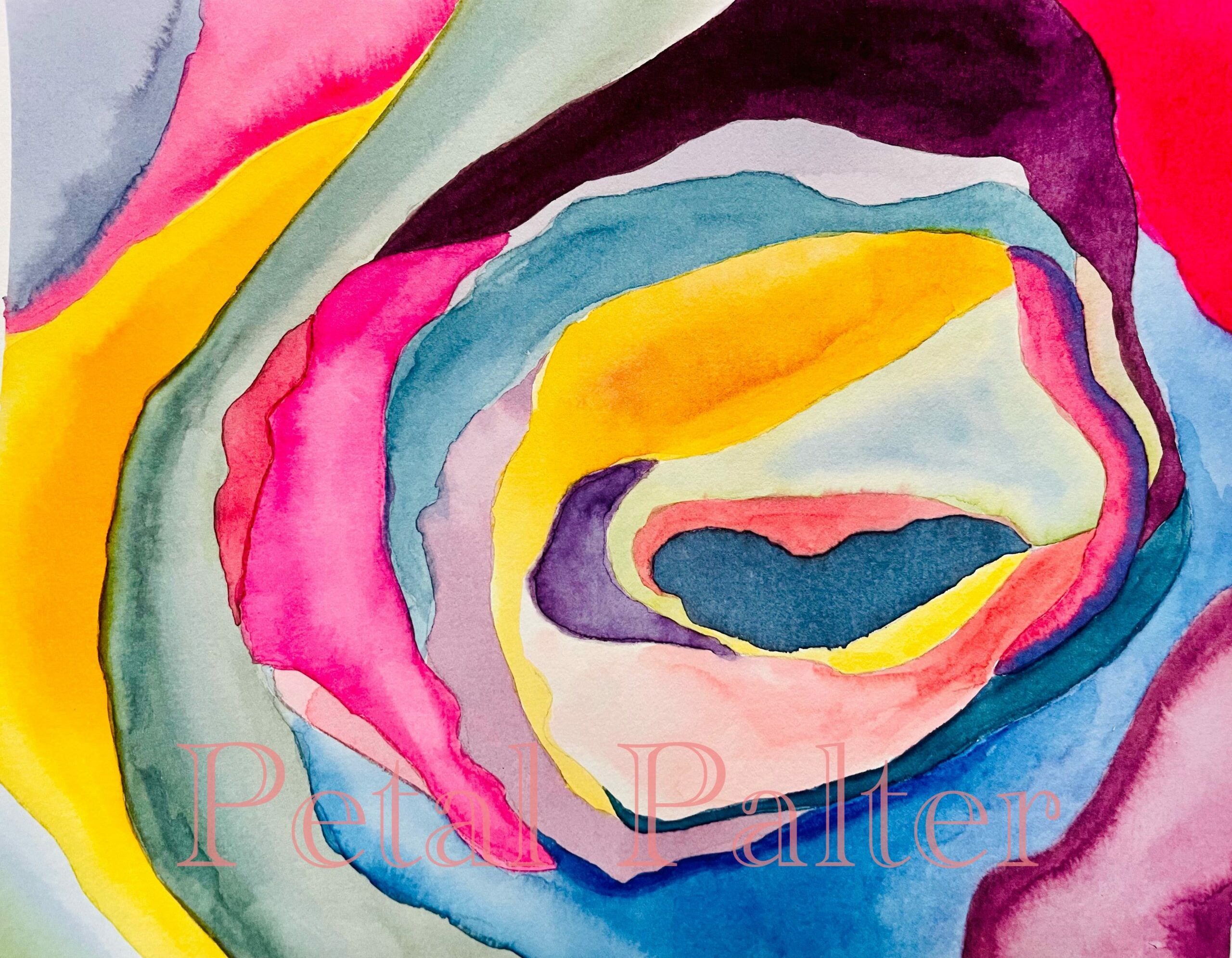 Abstract watercolor flower blossom in the style of Georgia O'Keefe. Bold shades of yellow, pink, and red.