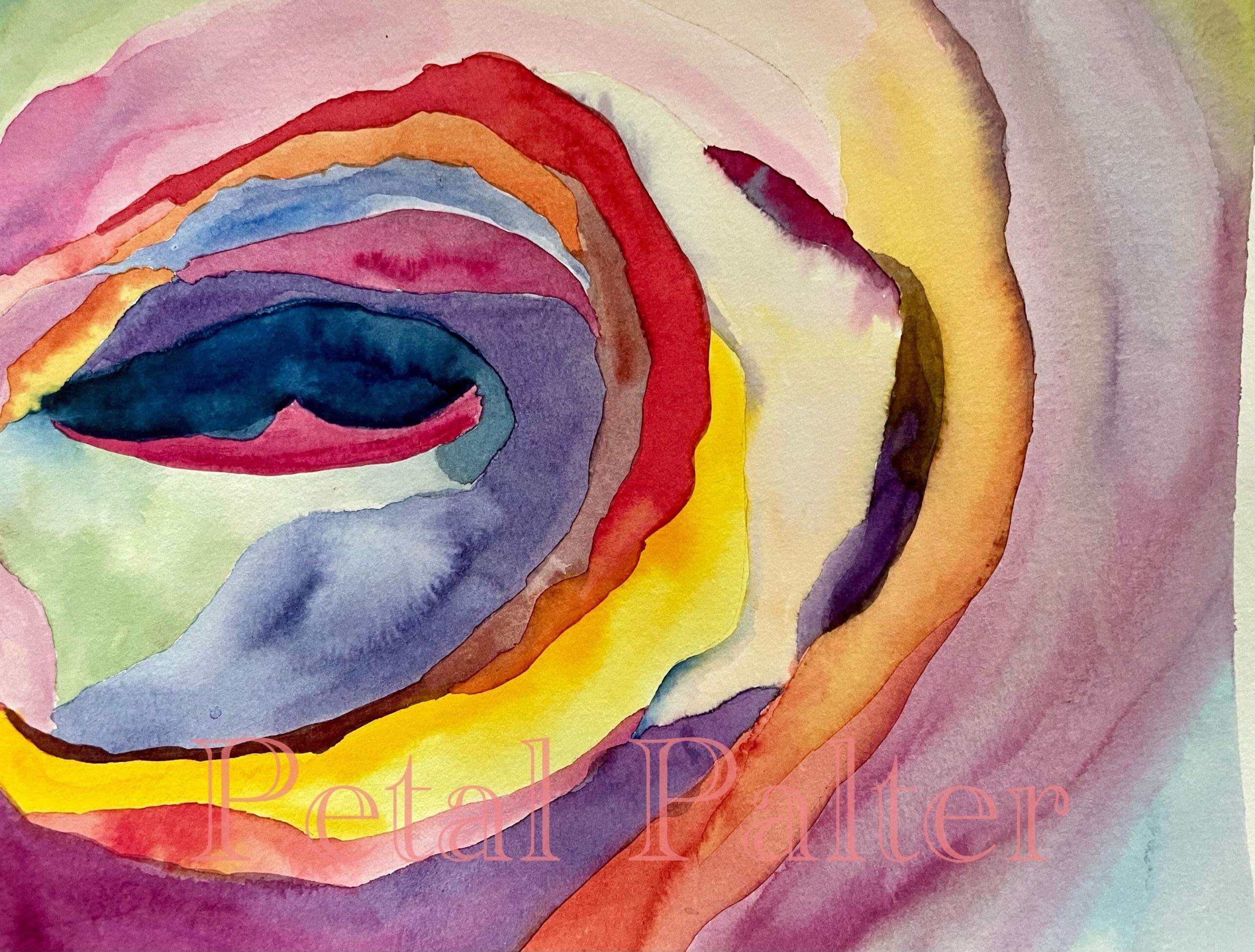 Abstract watercolor flower blossom in the style of Georgia O'Keefe. Palate centered around mauvey purples.
