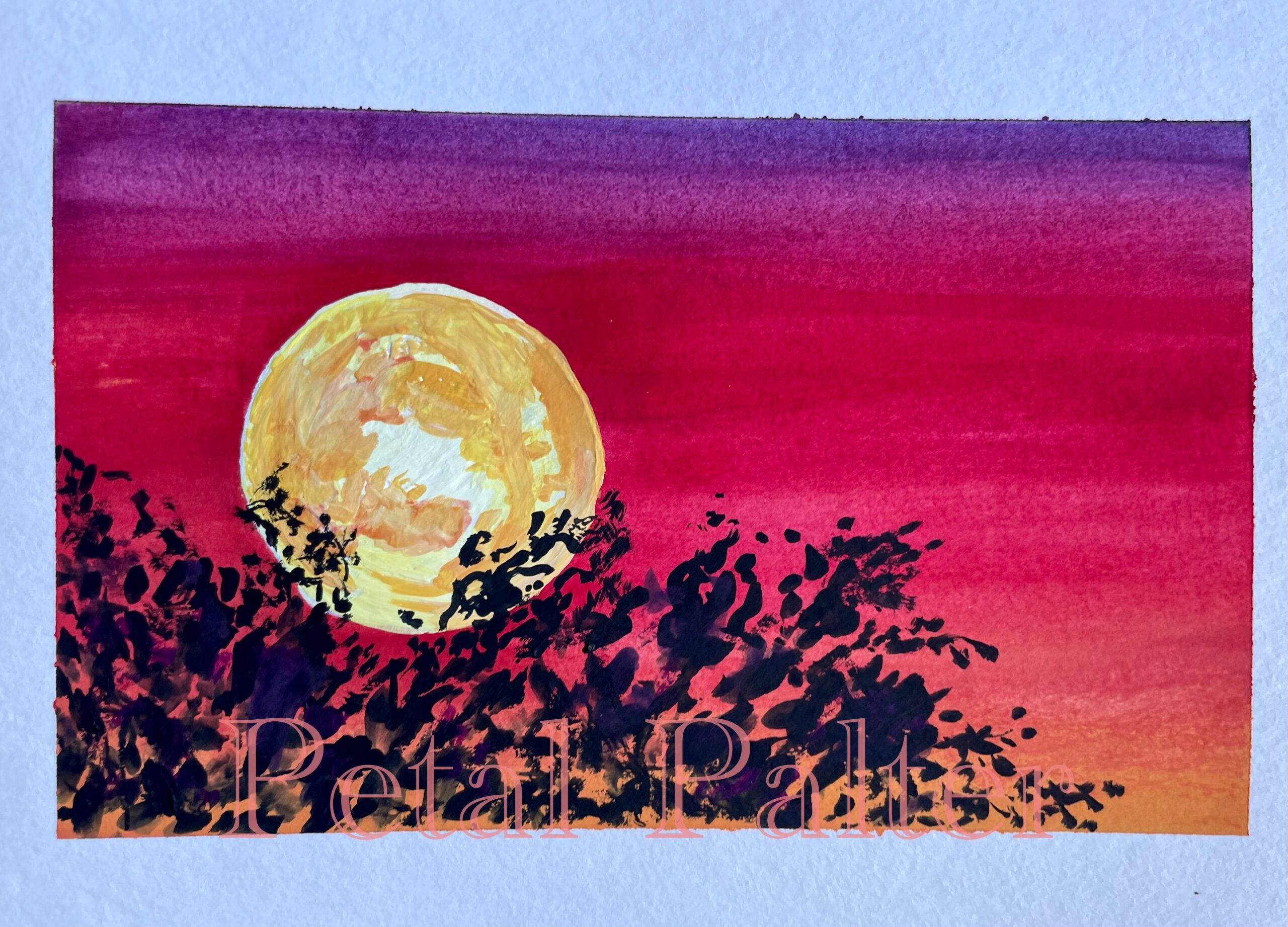 Moonrise over a purple sky behind a dark tree.