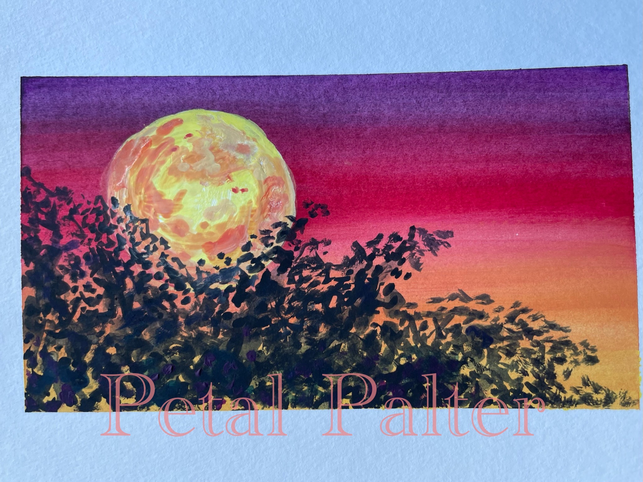 Moonrise over a purple sky behind a dark tree.
