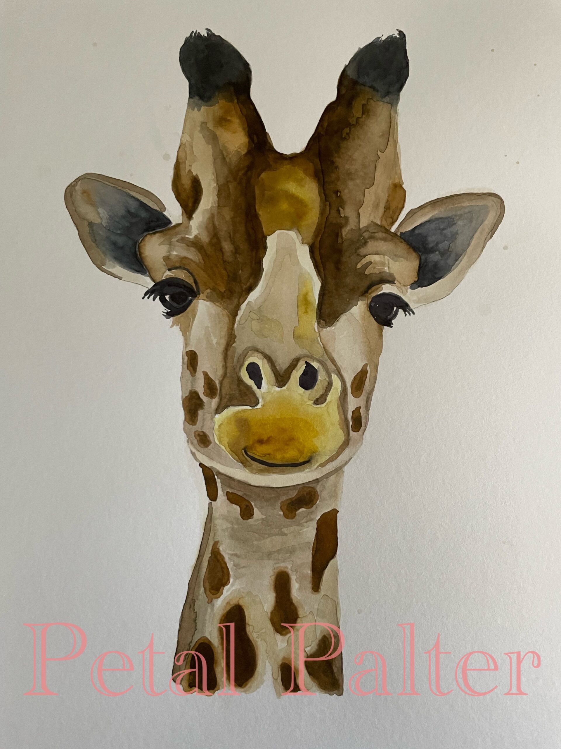 Water color giraffe portrait in varying shades of yellow and brown.