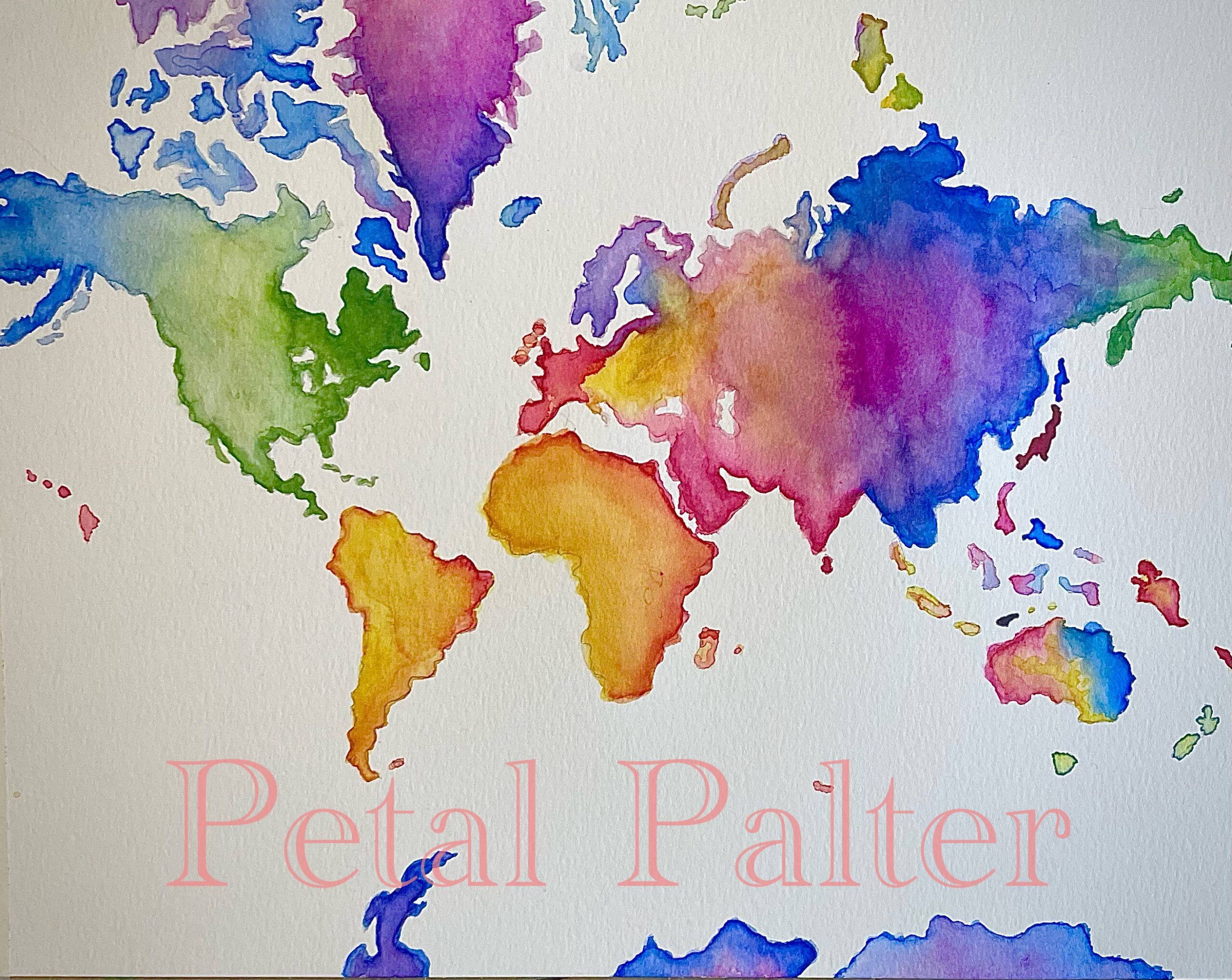 Map of the world without country border definitions. Colors are bright, varied, and blend from one to the next within each continent.