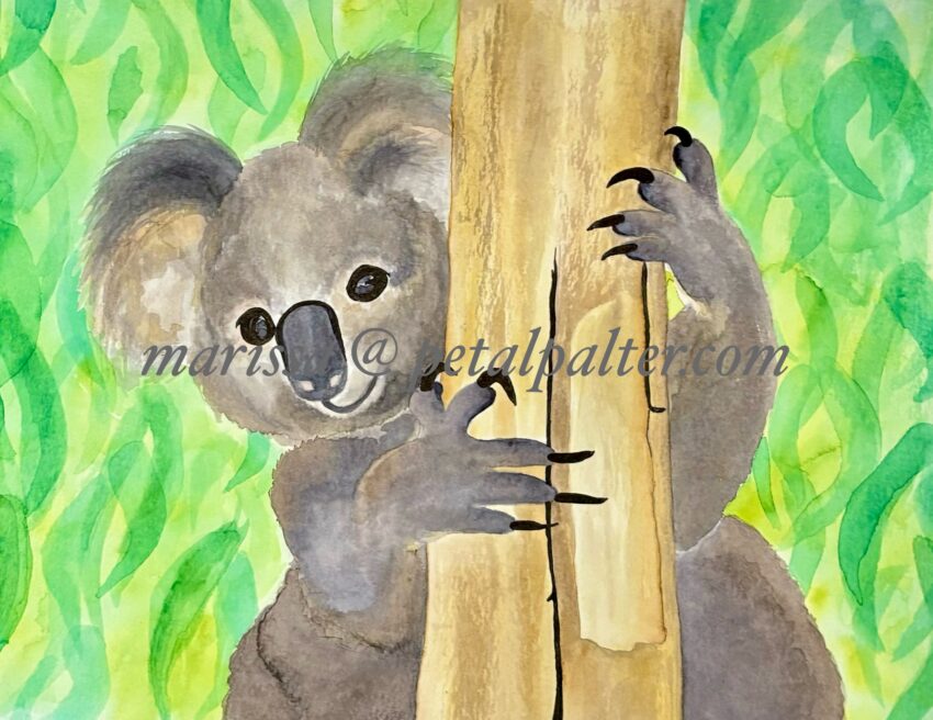 Koala holding onto a tree over a green leaf background.