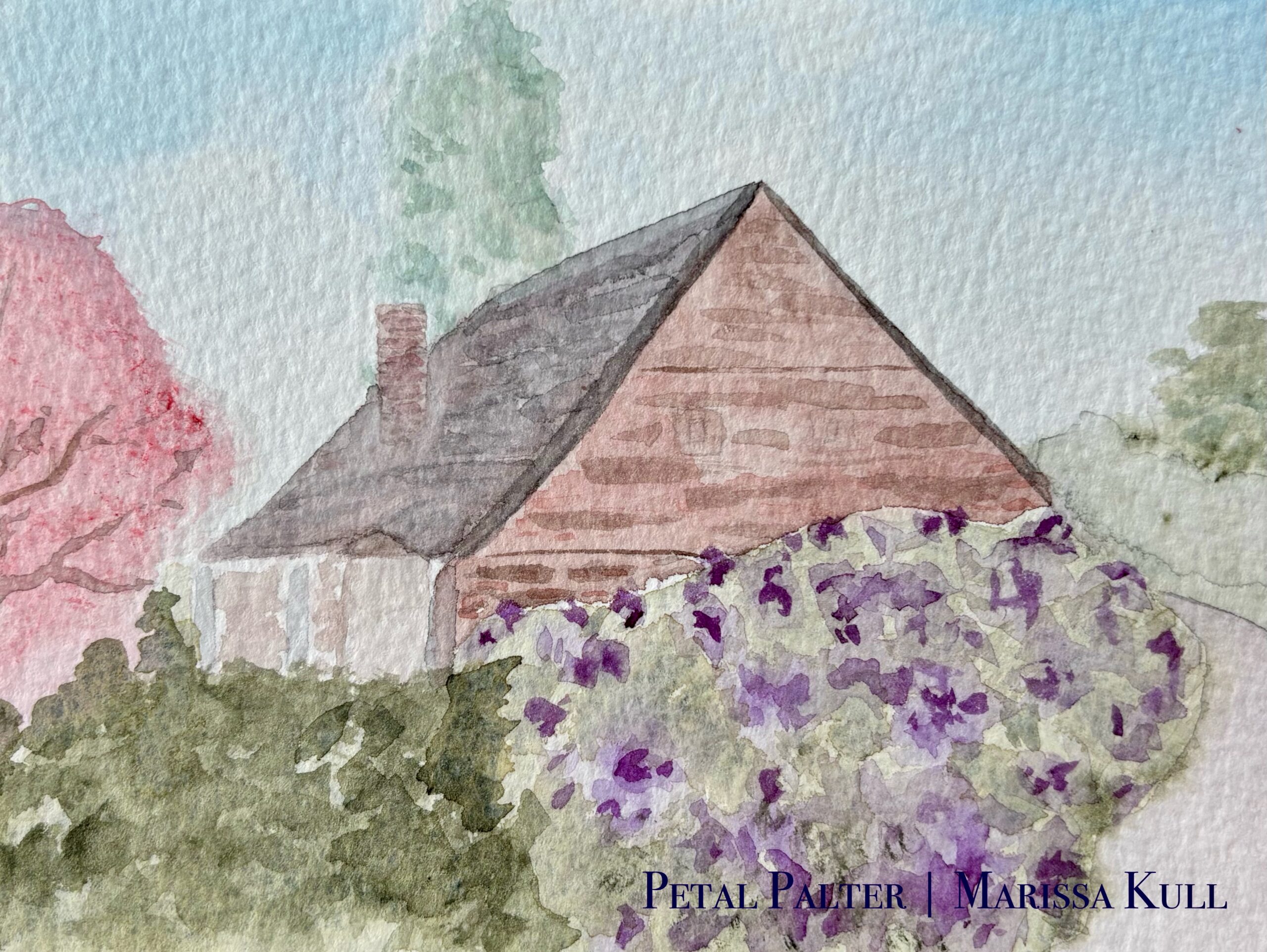 Cottage surrounded by plants in the countryside.
