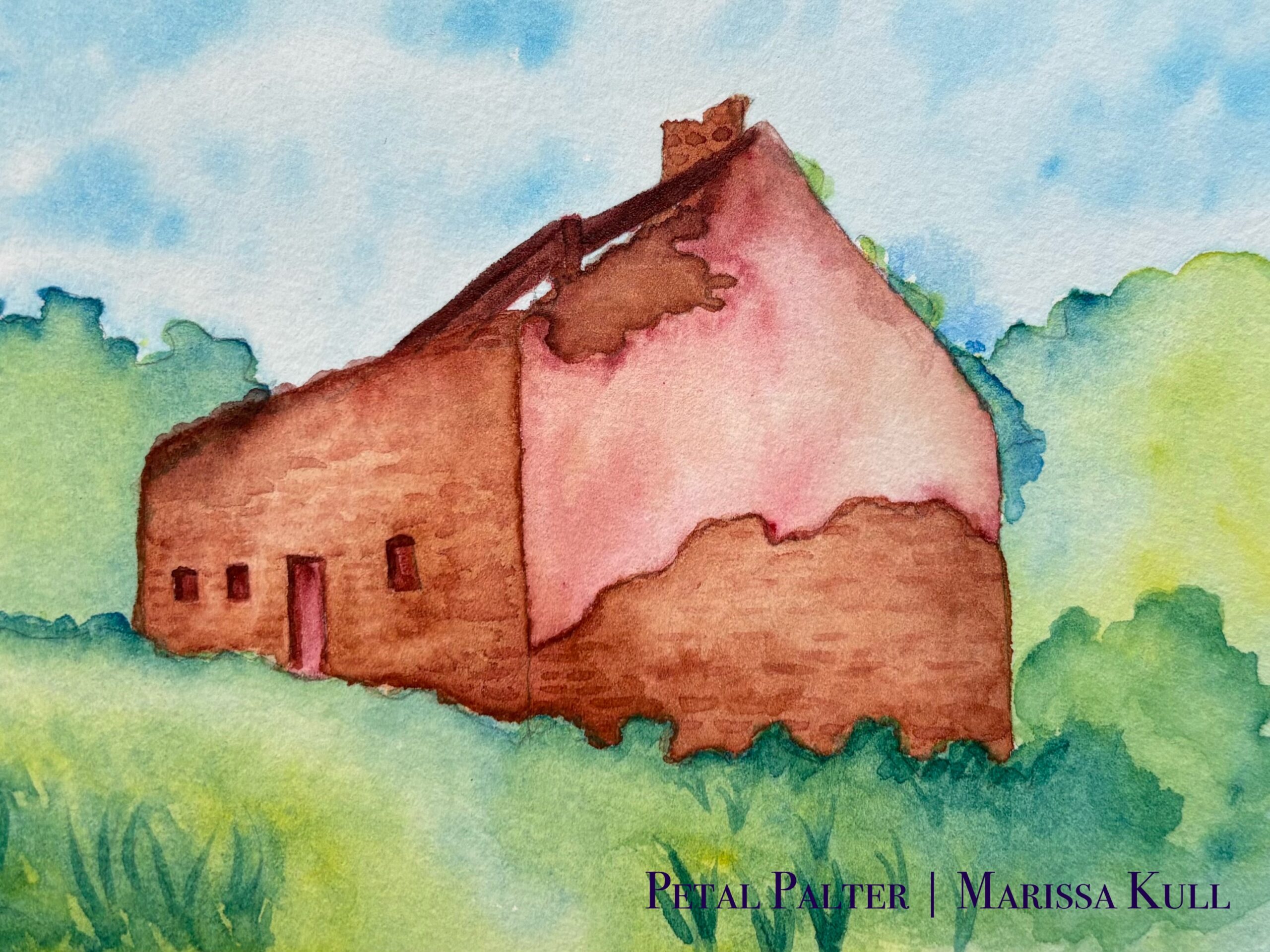 Dilapidated barn in a grassy countryside.