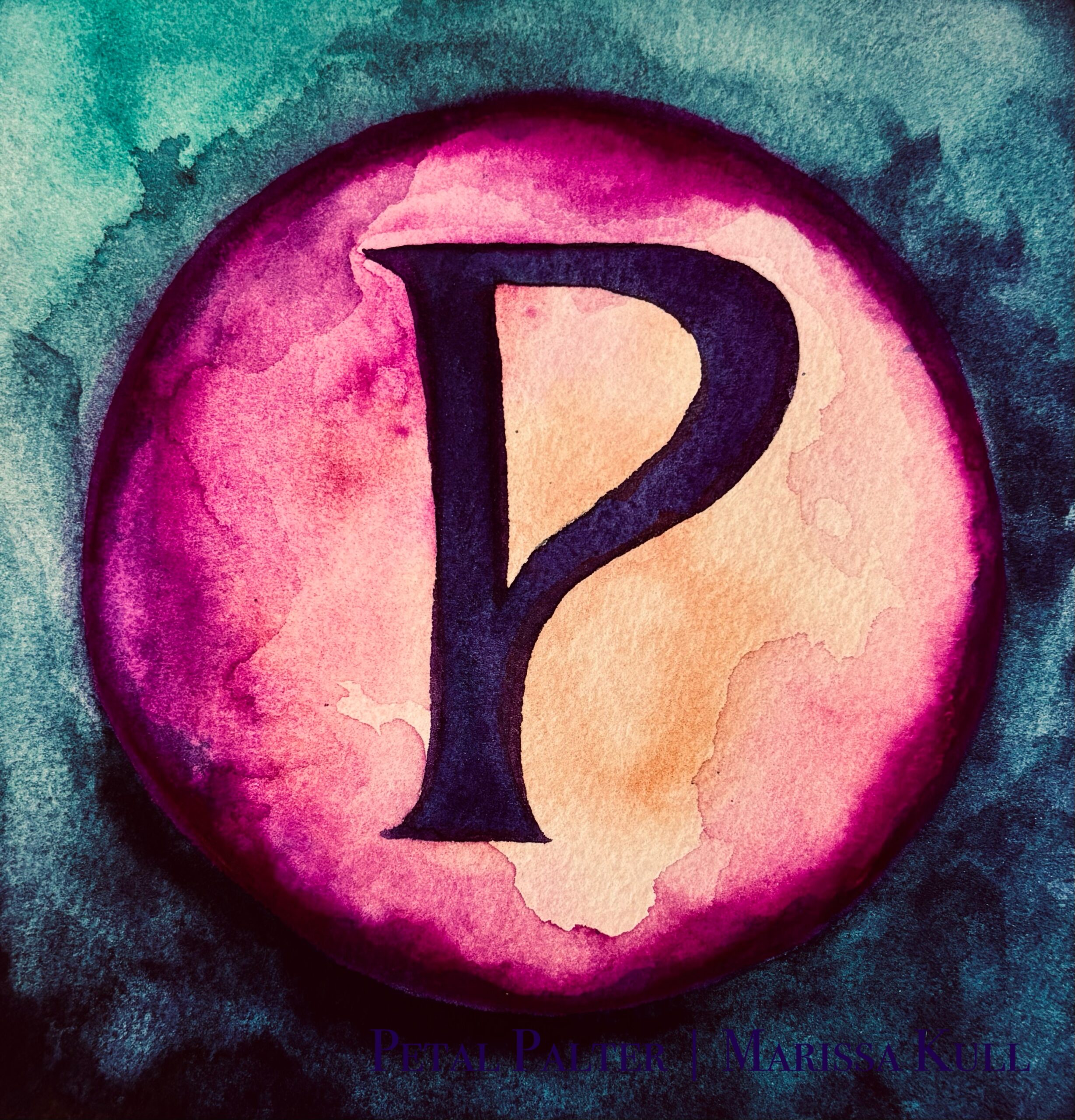 Letter P in a magenta cirle over a teal and navy background.