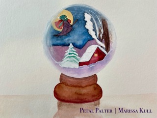 Crystal ball showing Befana flying across the sky.