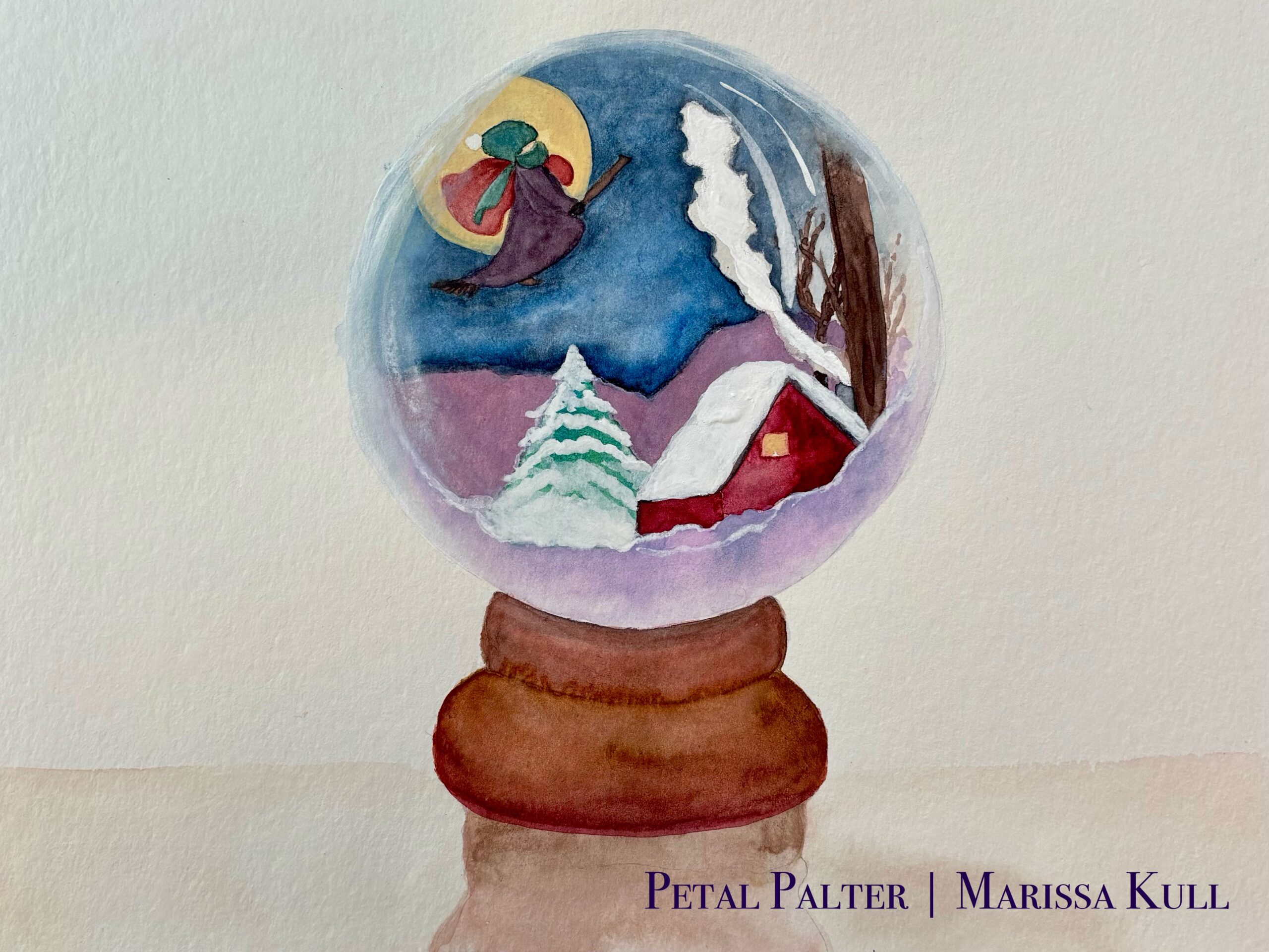 Crystal Ball showing La Befana flying across the night sky over a snow covered home