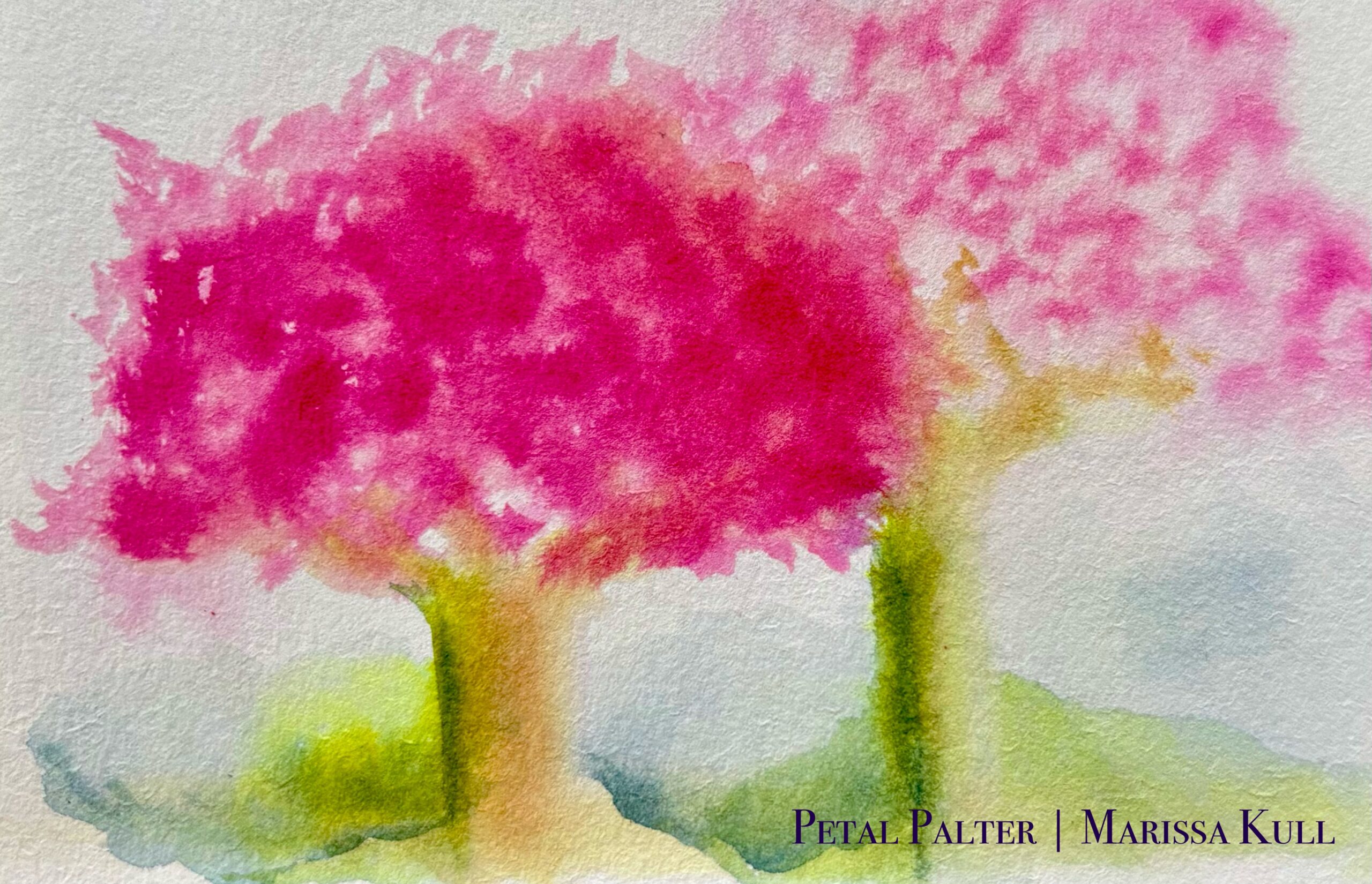Loosely painted trees, featuring pink blooms, on a green hillside.