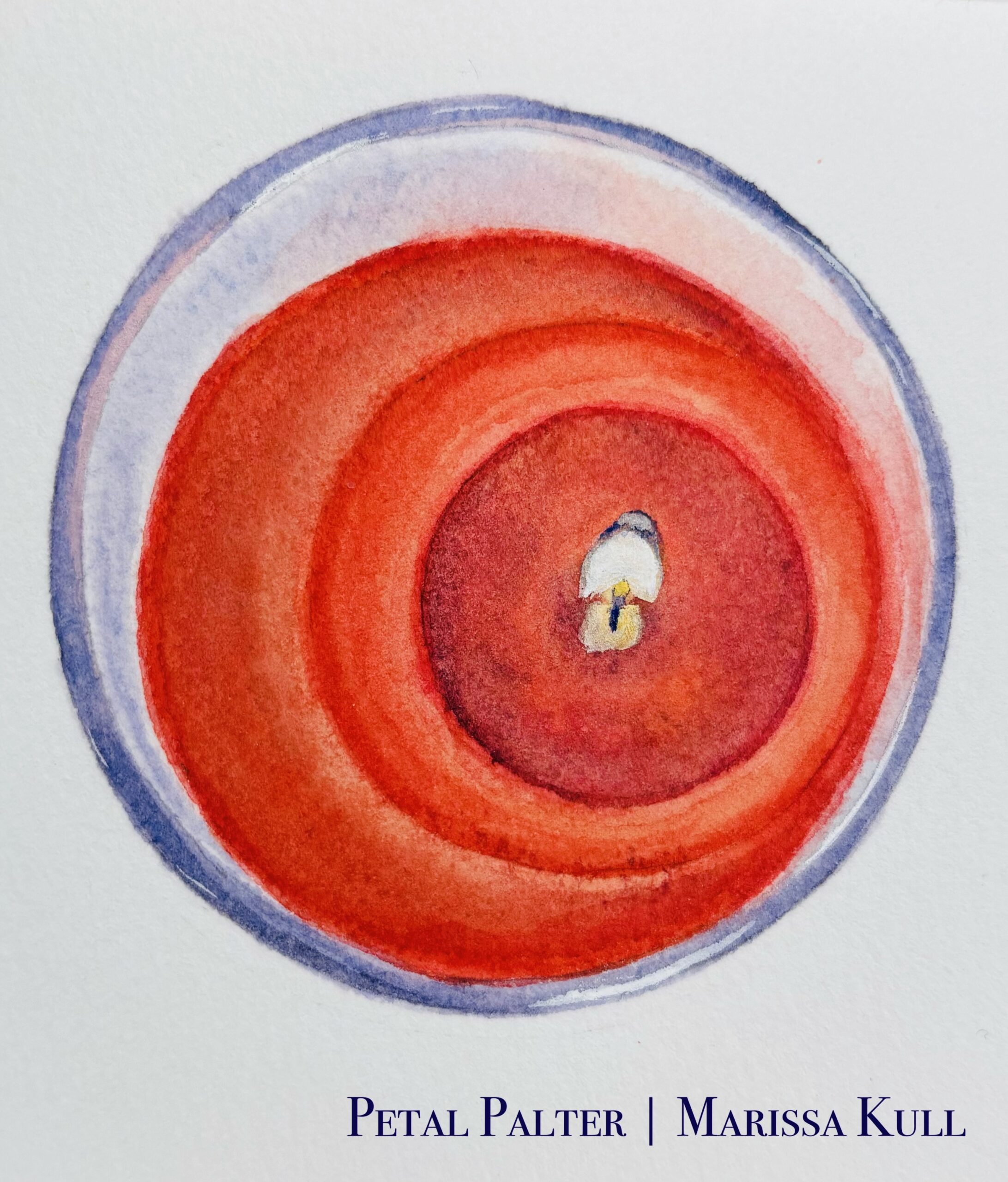 Overhead view of a red-orange candle with a crescent-shaped tunnel in the wax.