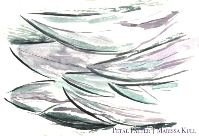 Loosely painted study of iridescent bird feathers with dark greens and purples.