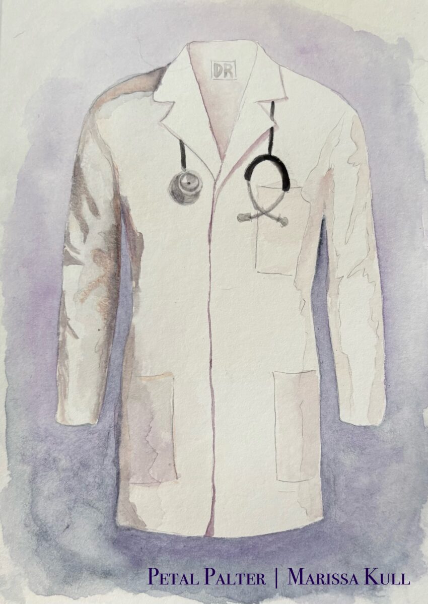 White Doctor's coat with a stethoscope hanging around the neck, under the collar.