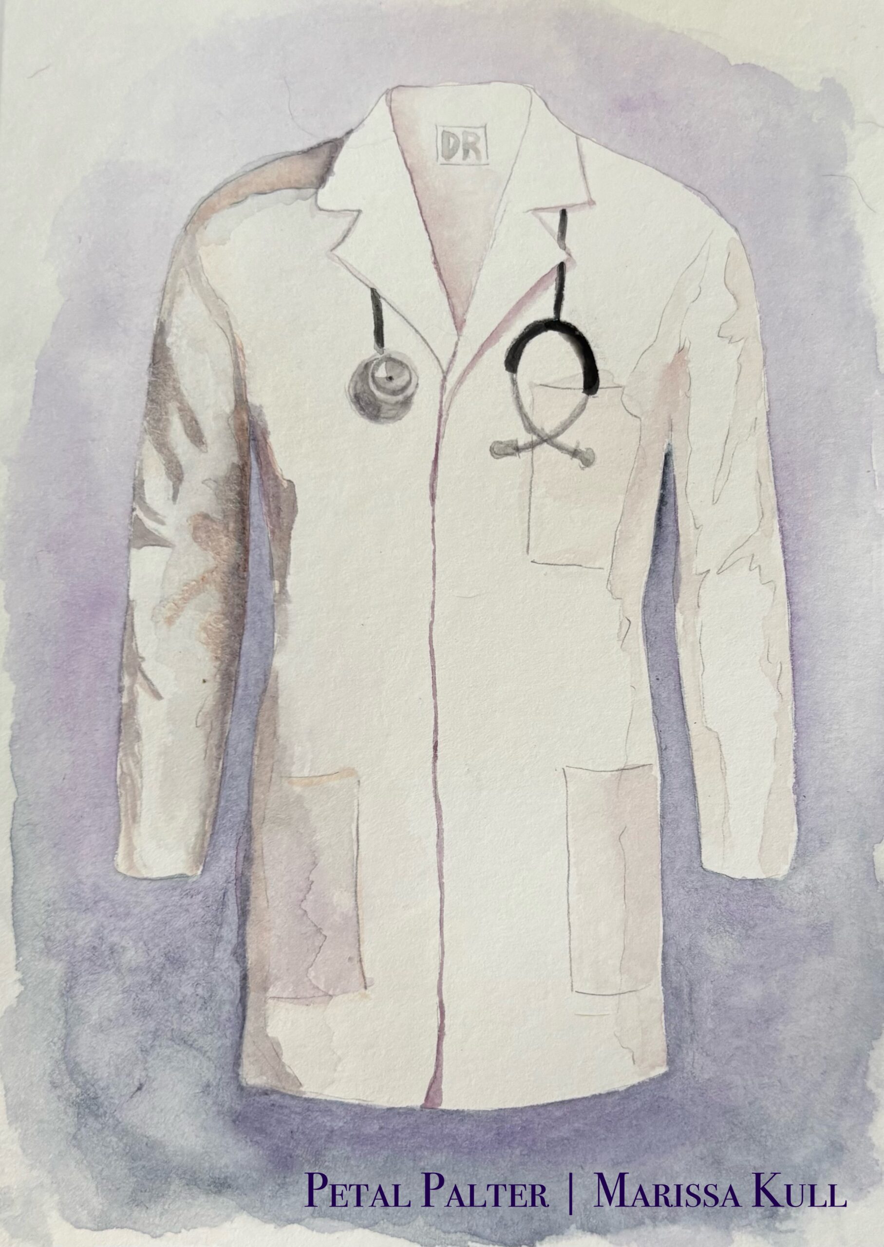White Doctor's coat with a stethoscope hanging around the neck, under the collar.