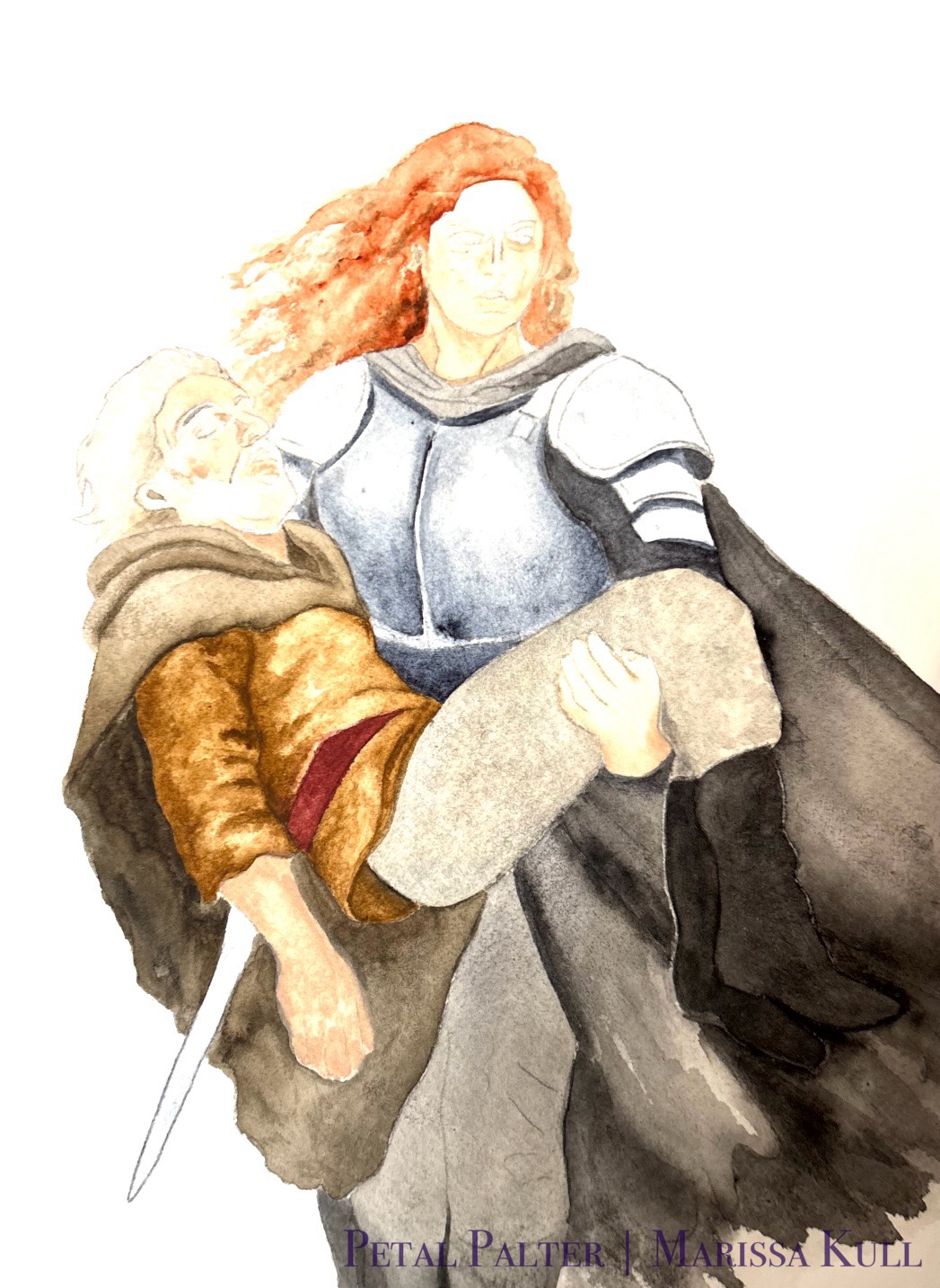 Woman soldier with long flowing red hair, wearing plate armor, leggings, and a cape, carrying an unconscious man.