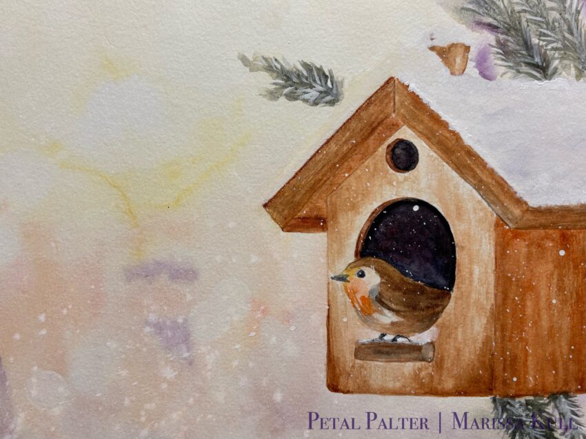 Small brown bird looking out of a cozy brown birdhouse on a sunny, snowy day.