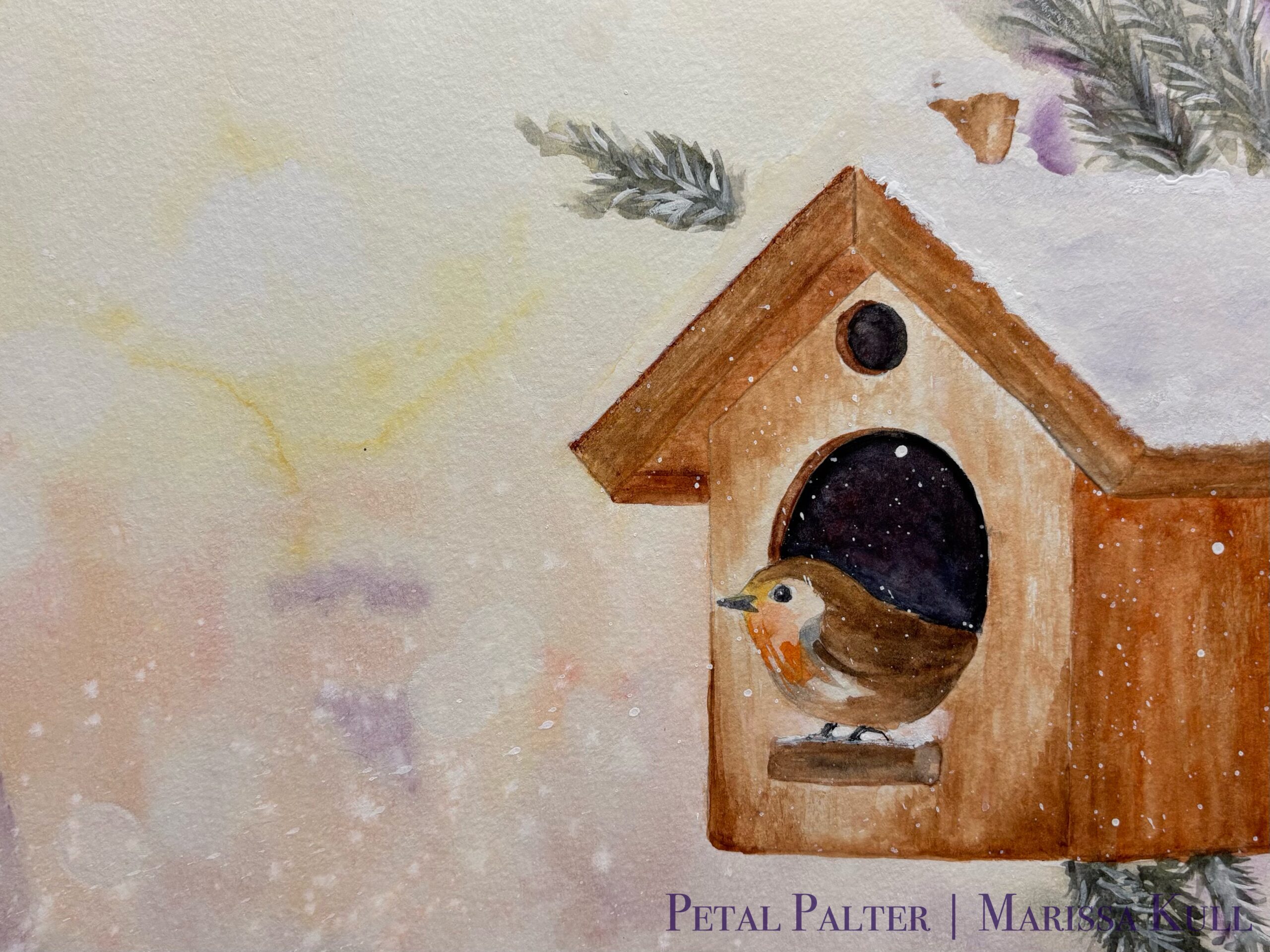 Small brown bird looking out of a cozy brown birdhouse on a sunny, snowy day.