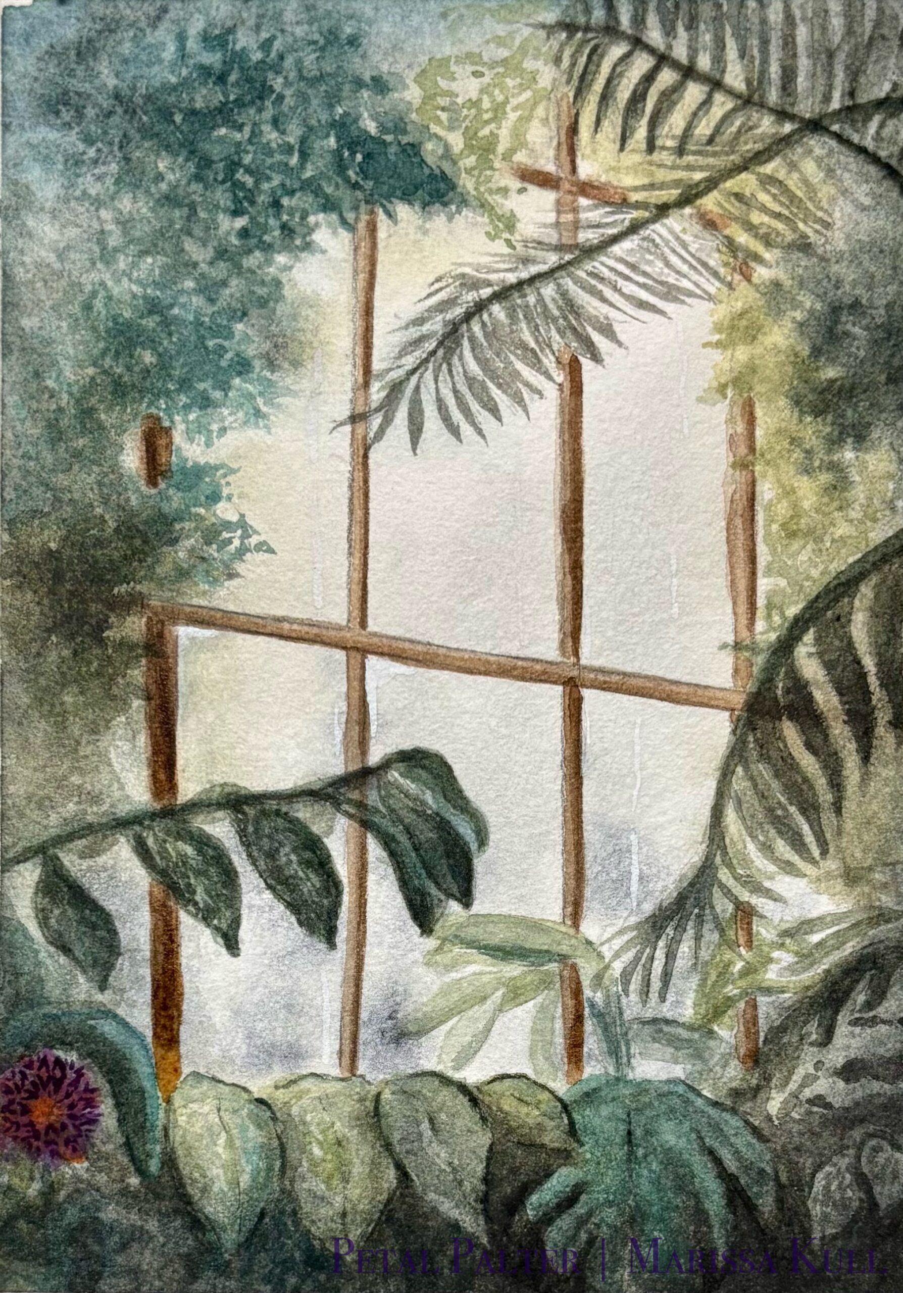 Tropical plants around a window in a foggy greenhouse.