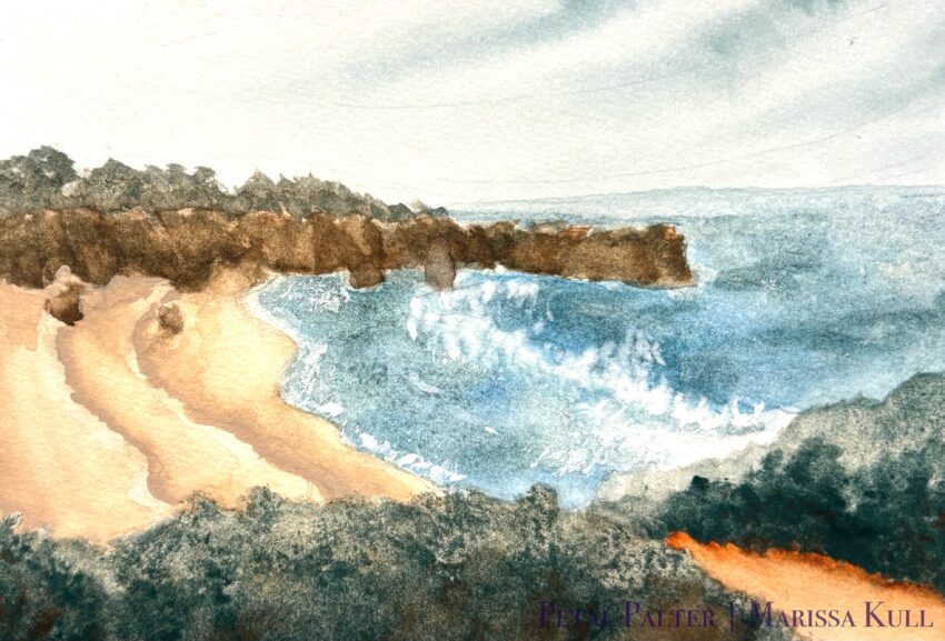 Painting of a fictional beach on the US West Coast with sand tucked between rocky cliff sides.