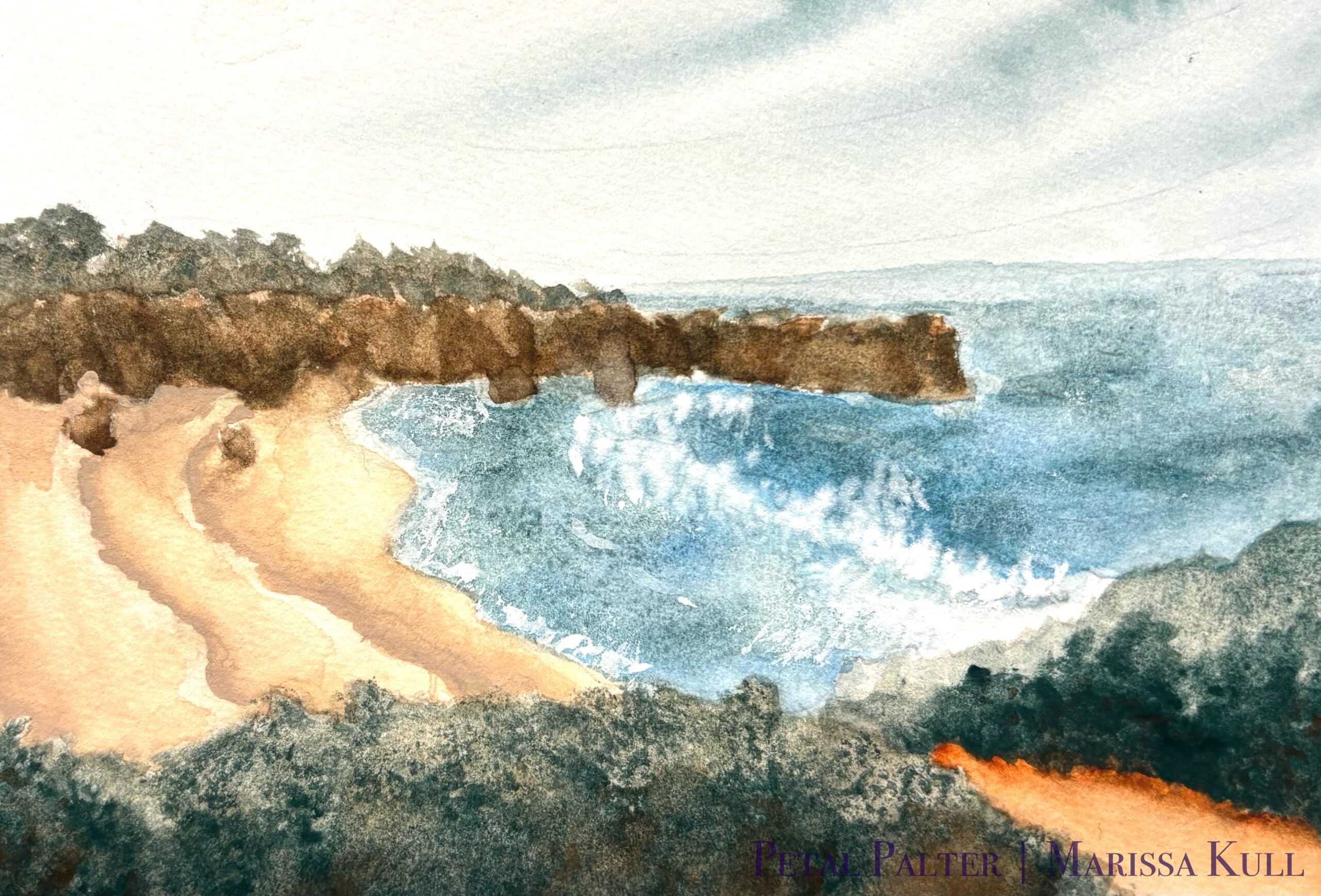 Painting of a fictional beach on the US West Coast with sand tucked between rocky cliff sides.