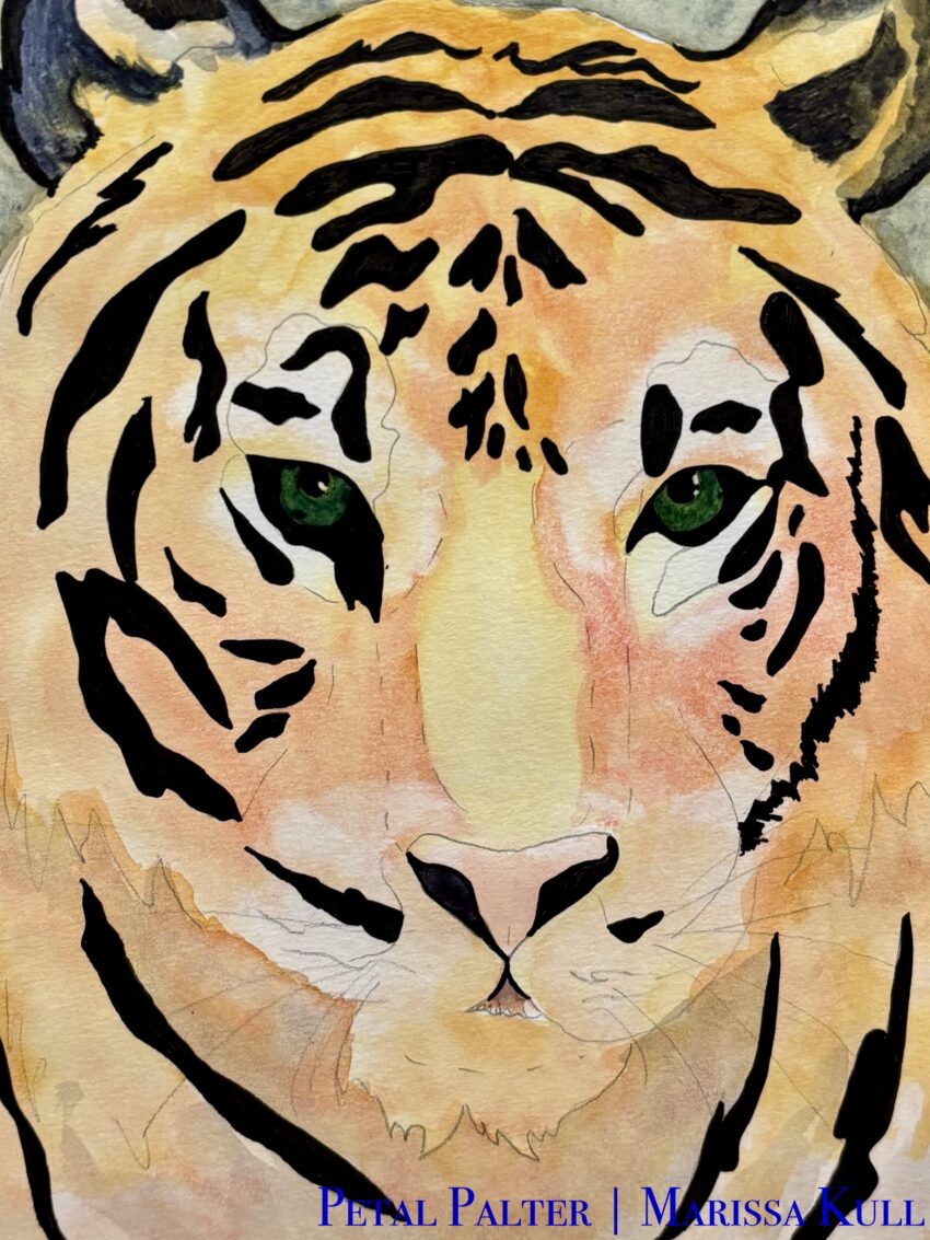 Portrait of a female tiger using oranges and black over a green background.