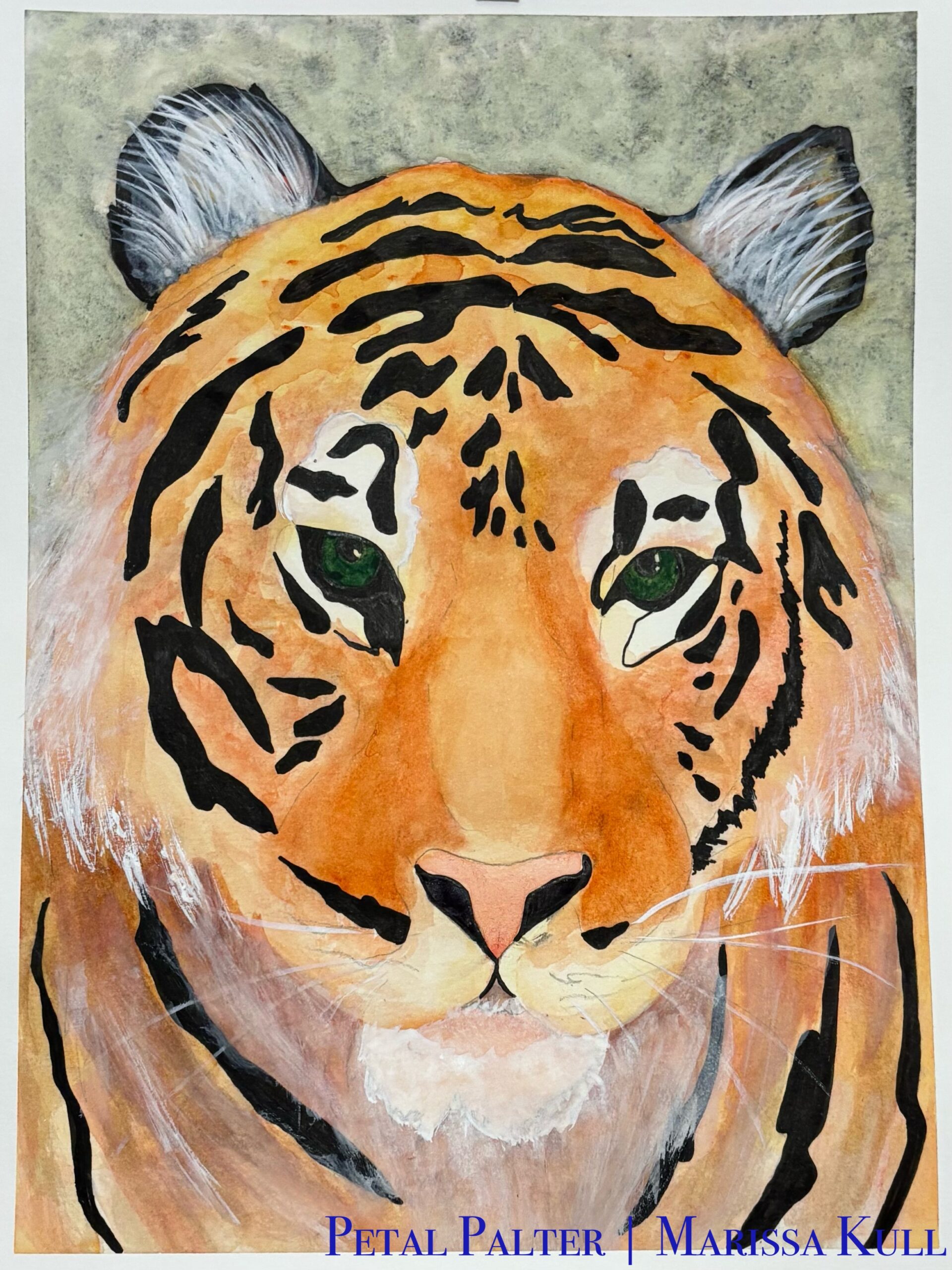 Portrait of a female tiger using oranges and black over a green background.