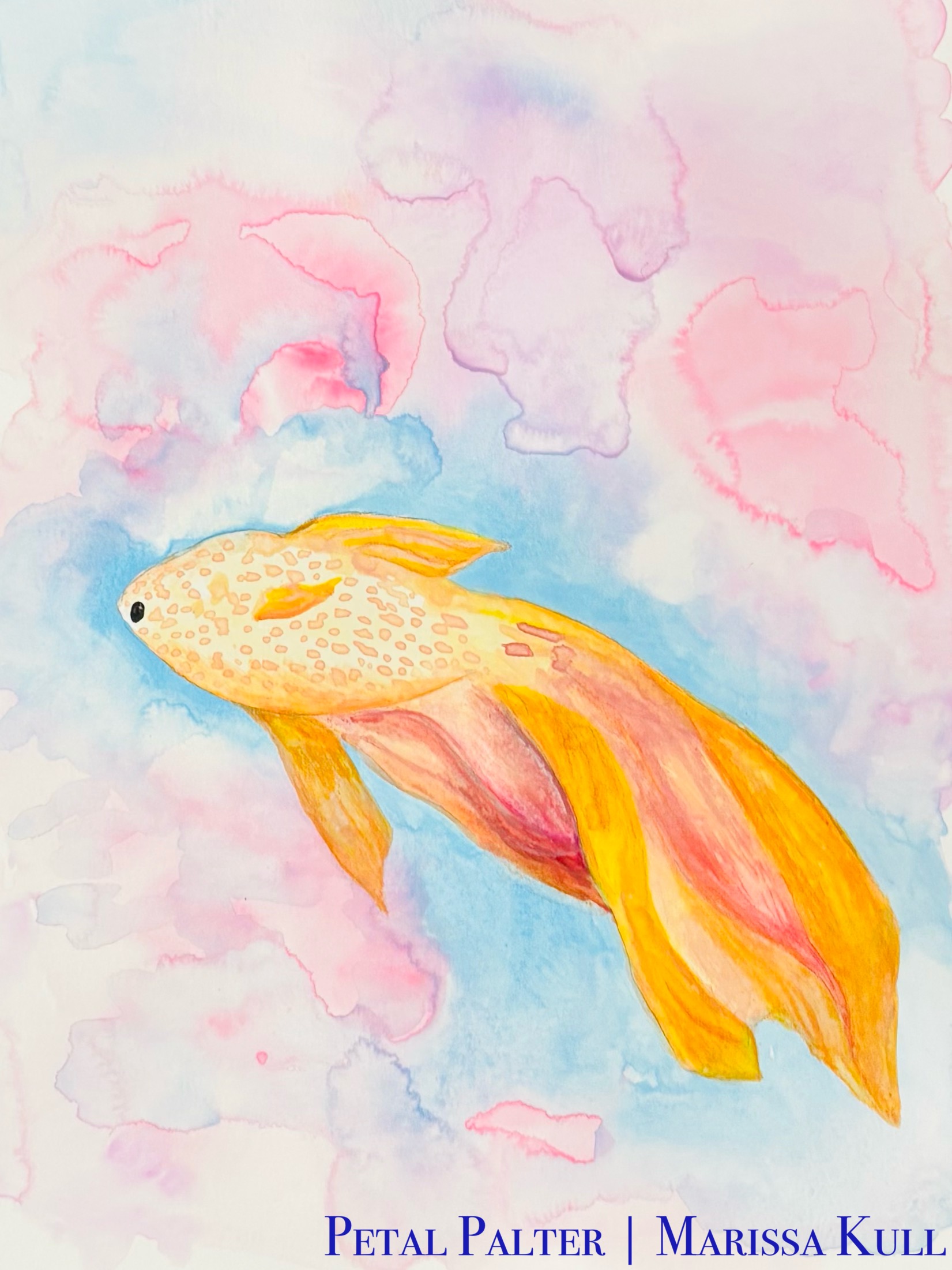 Gold fish with red accents over a pastel blue, pink, and purple sky. 