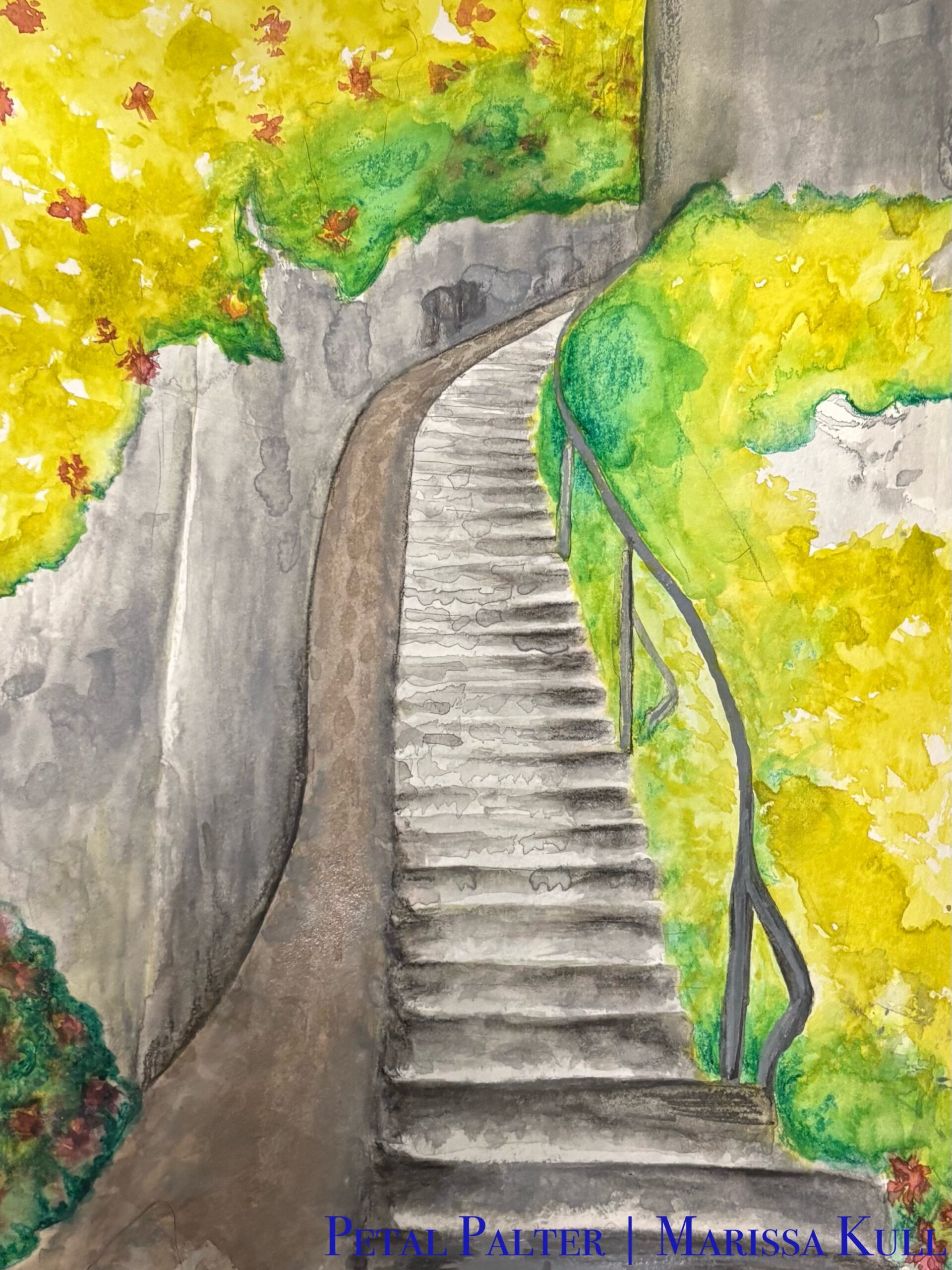A stone staircase enclosed on both sides by plant life disappears around a corner.