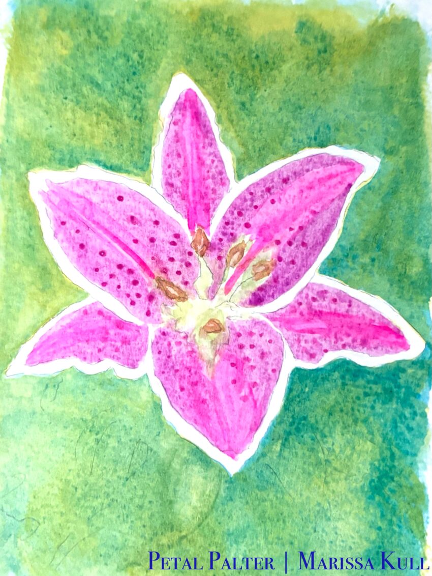 Purple oriental lily aver a green and blue background.