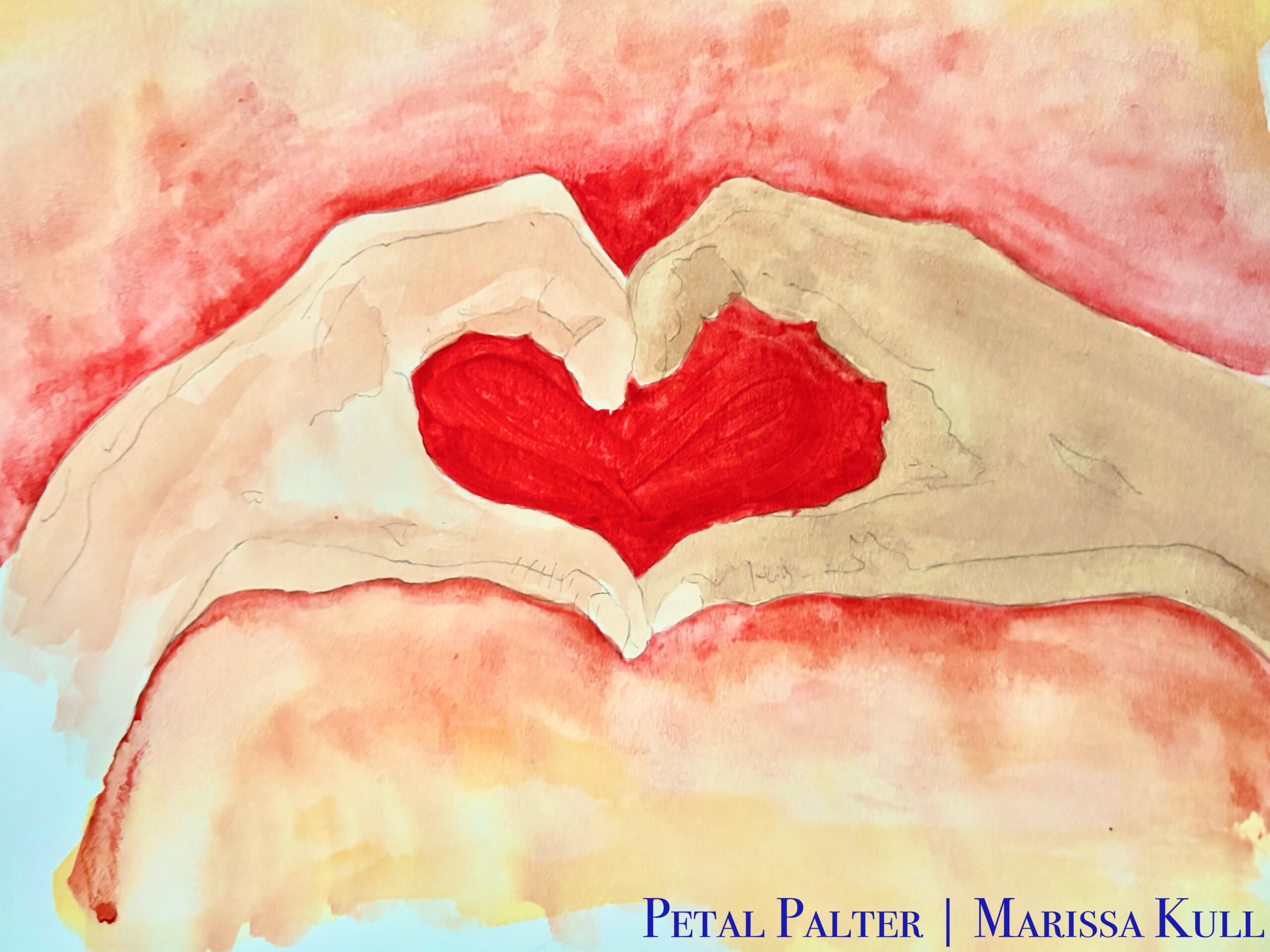Two hands connect to form the shape of a heart over a red background to that fades to yellow at the edge.