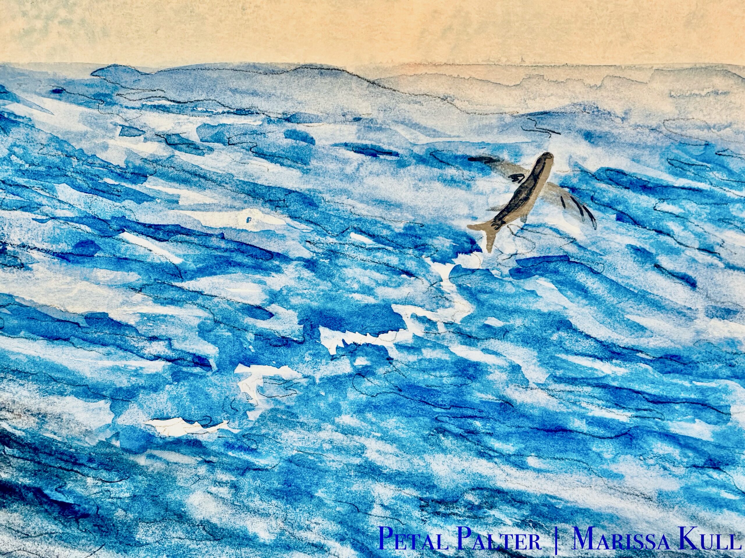 A gray flying fish zigzags toward the horizon on a body of water. 